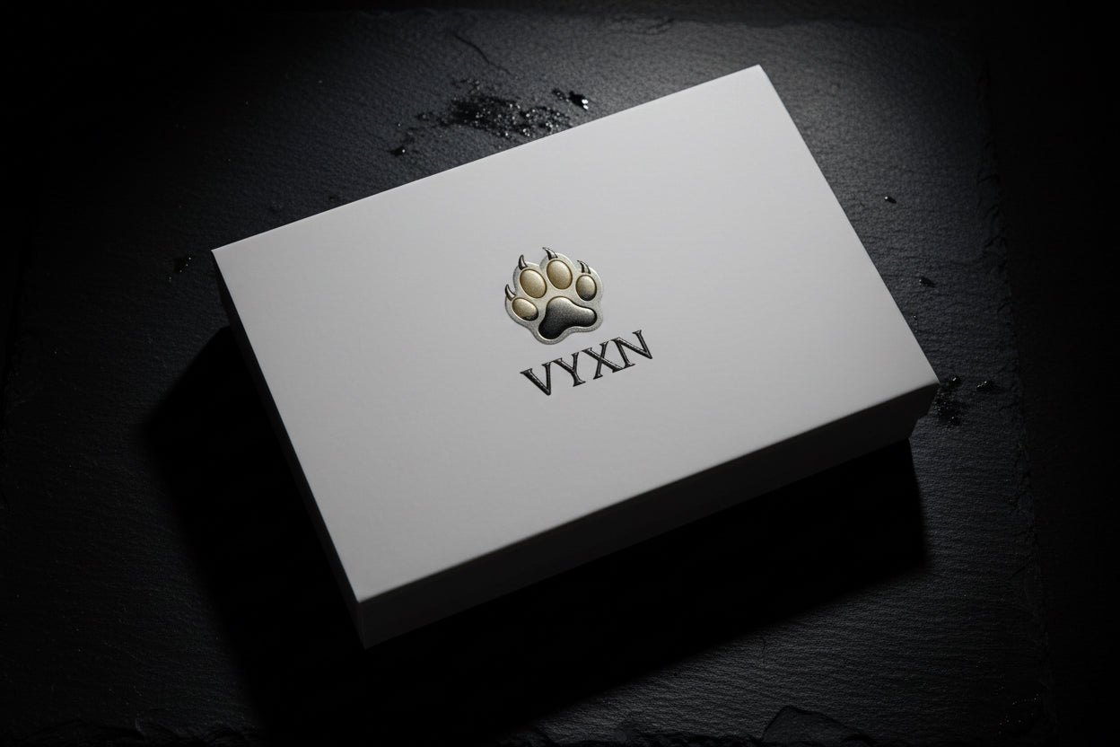 White card with a logo and 'VYXN' text on a dark textured background