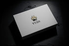 White card with a logo and 'VYXN' text on a dark textured background