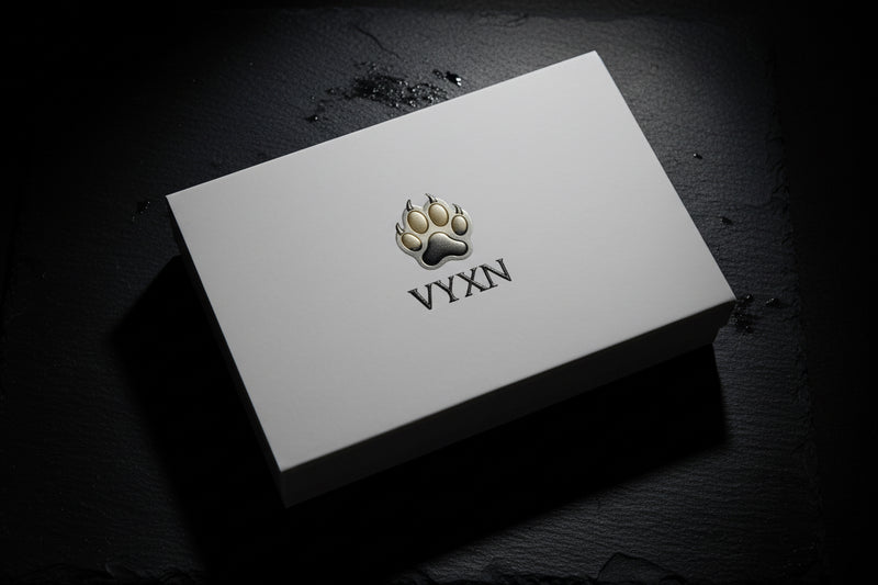 White card with a logo and 'VYXN' text on a dark textured background
