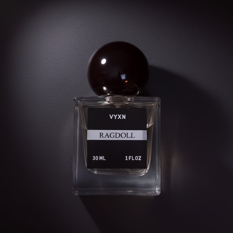 Perfume bottle RAGDOLL black background.