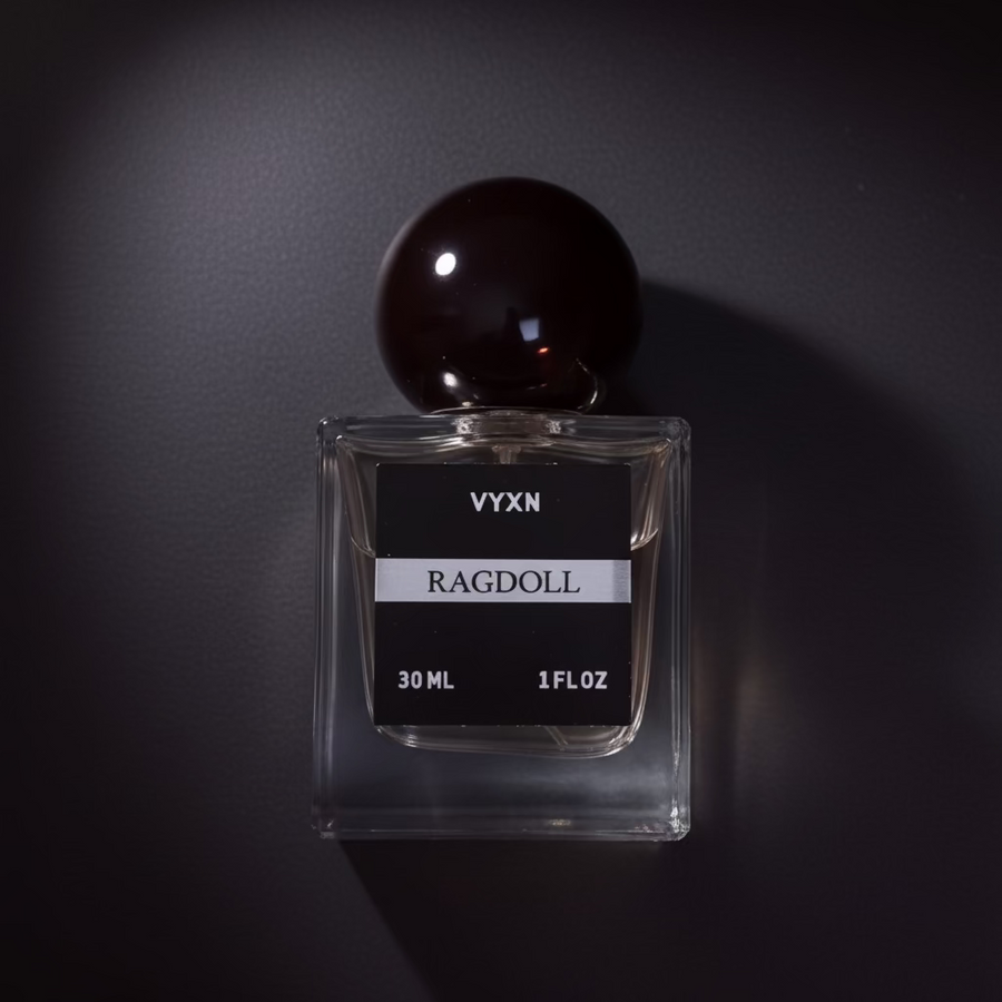 Perfume bottle RAGDOLL black background.