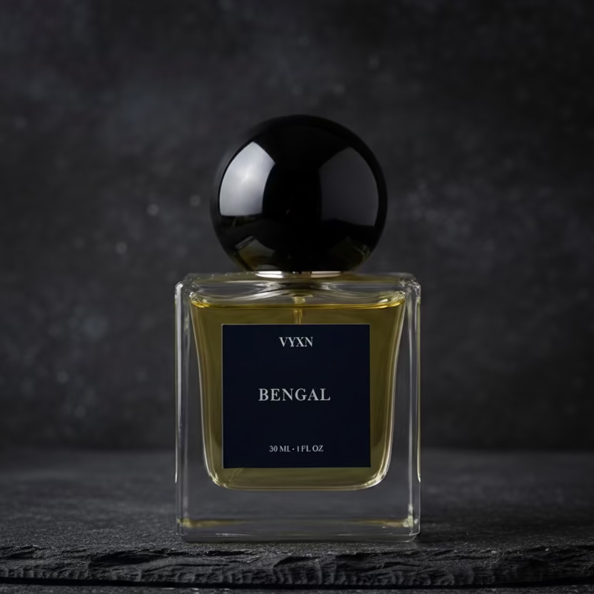 Perfume bottle labeled 'Bengal' by VYXN on a dark background