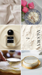 Multiple pictures of crème, cake, angora perfume bottle, frosting, words saying VYXN ANGORA. 