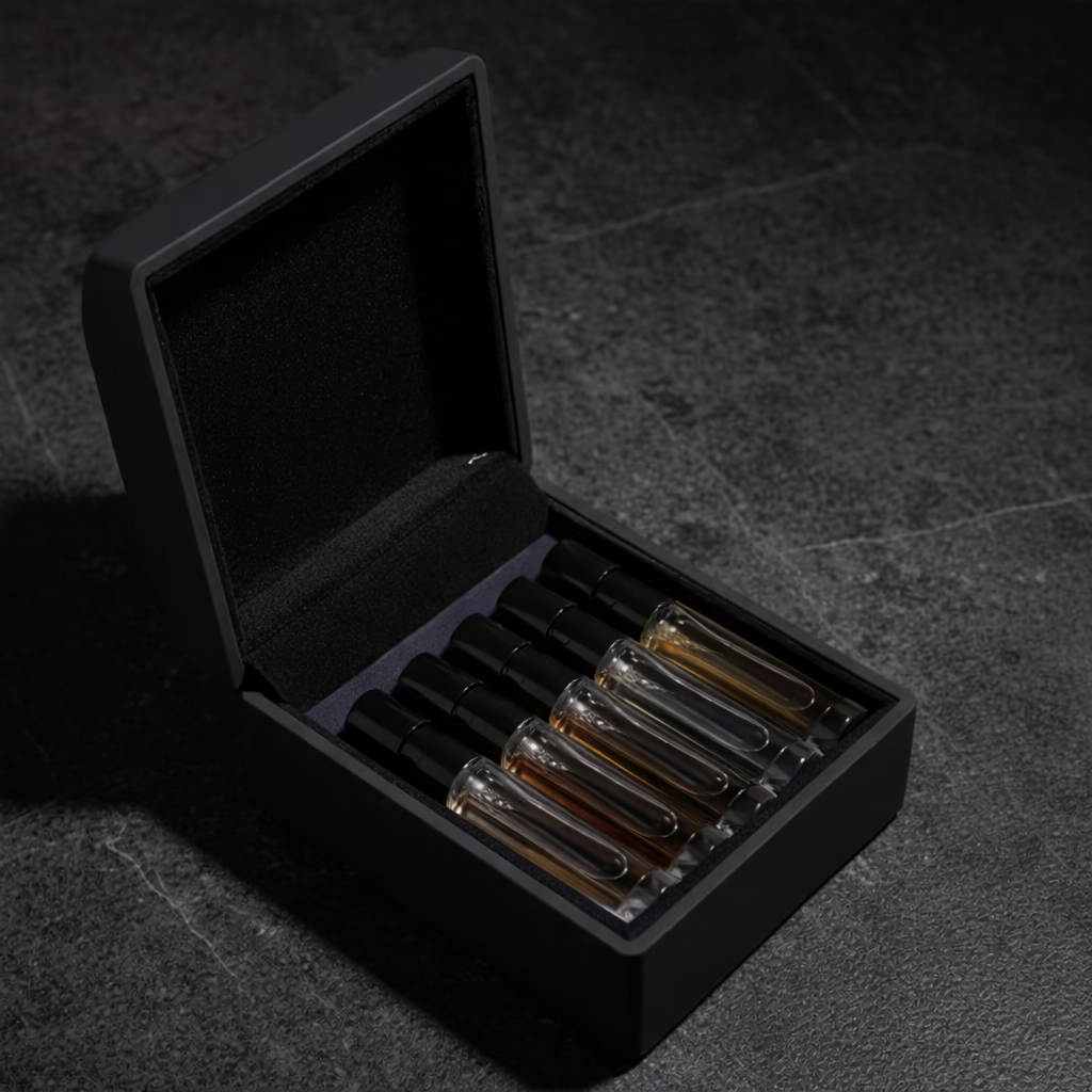 Set of small glass bottles with dark liquid in a black box on a dark textured background