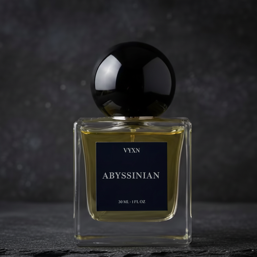 Perfume bottle labeled 'Abyssinian' with a dark background