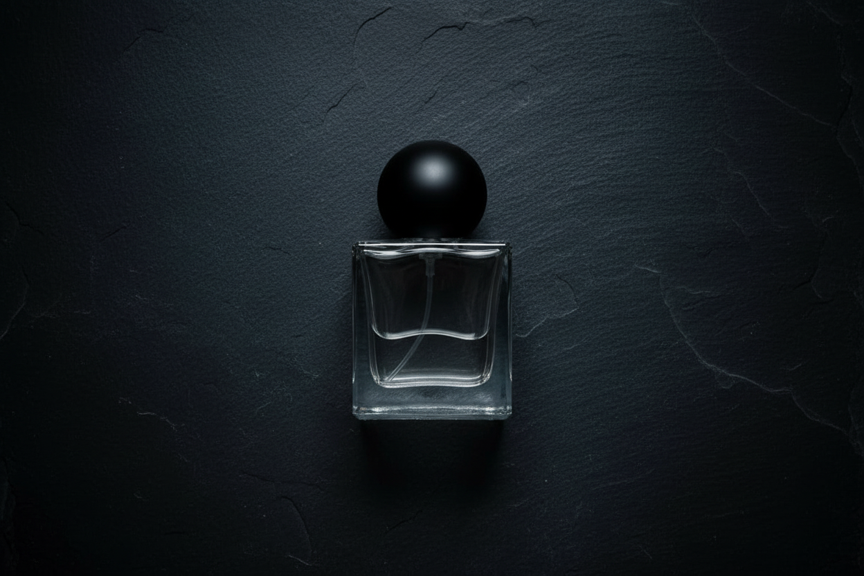 Clear glass perfume bottle with black cap on a dark textured background
