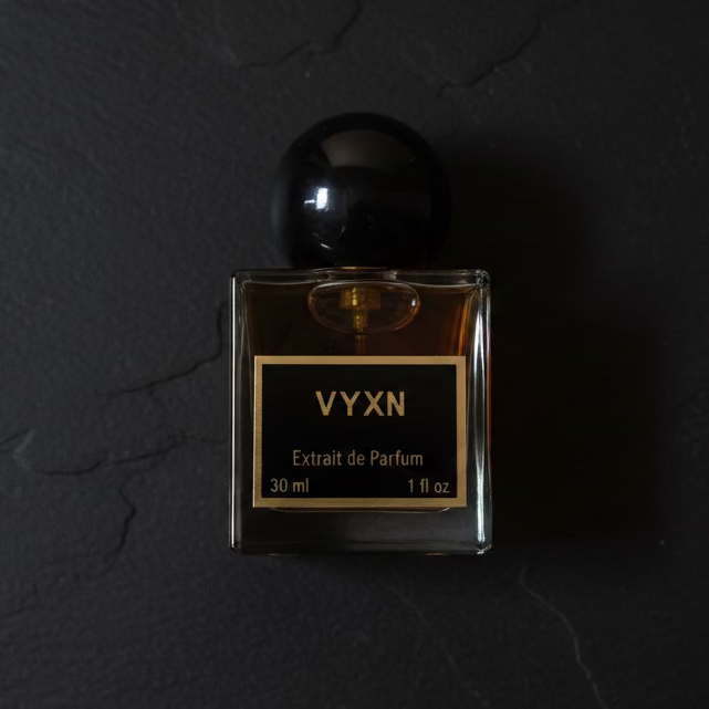 VYXN extrait de parfum bottle on a textured gray surface