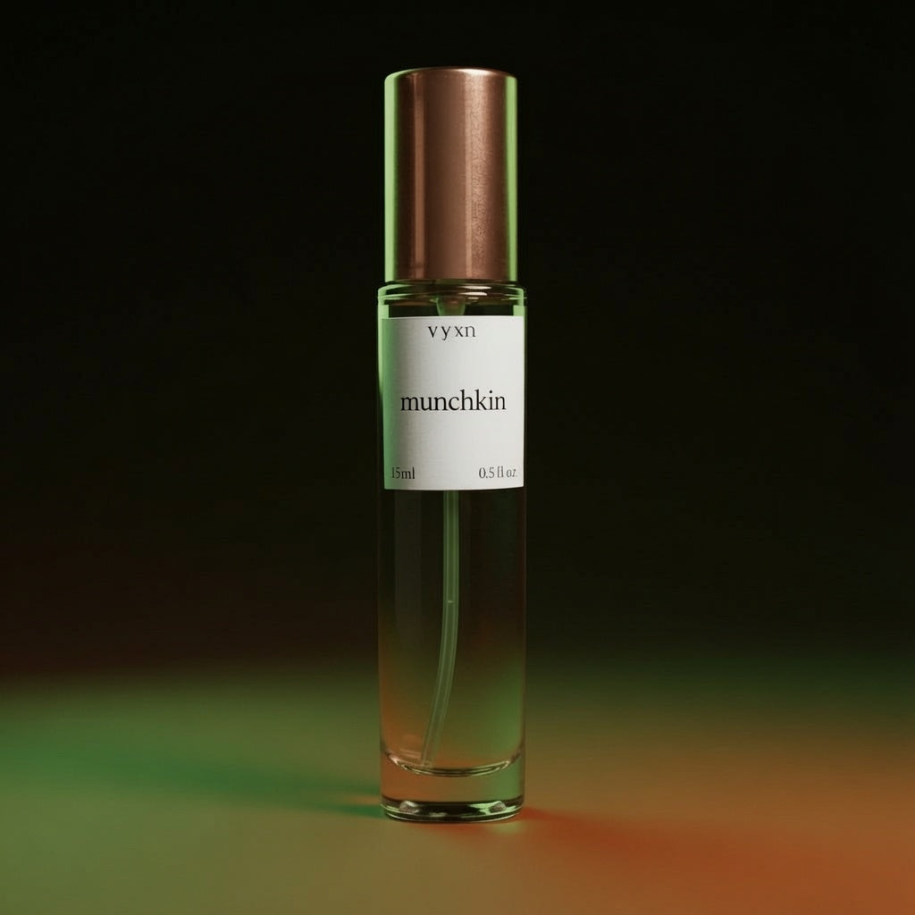 perfume bottle named “munchkin” 15ml 0.5fl.oz. Bottle on mossy green burnt orange black background 