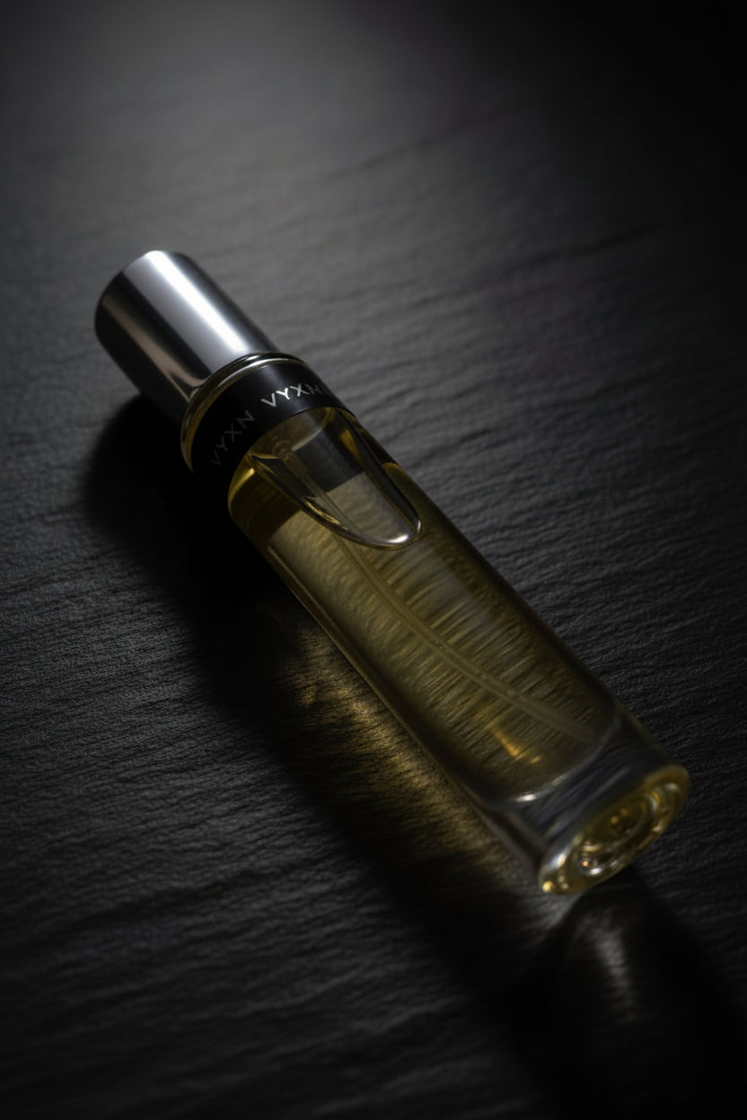 A clear glass perfume bottle filled with pale yellow liquid, featuring a reflective silver cap and a black label with gold lettering, resting on a decorative bronze mirror.