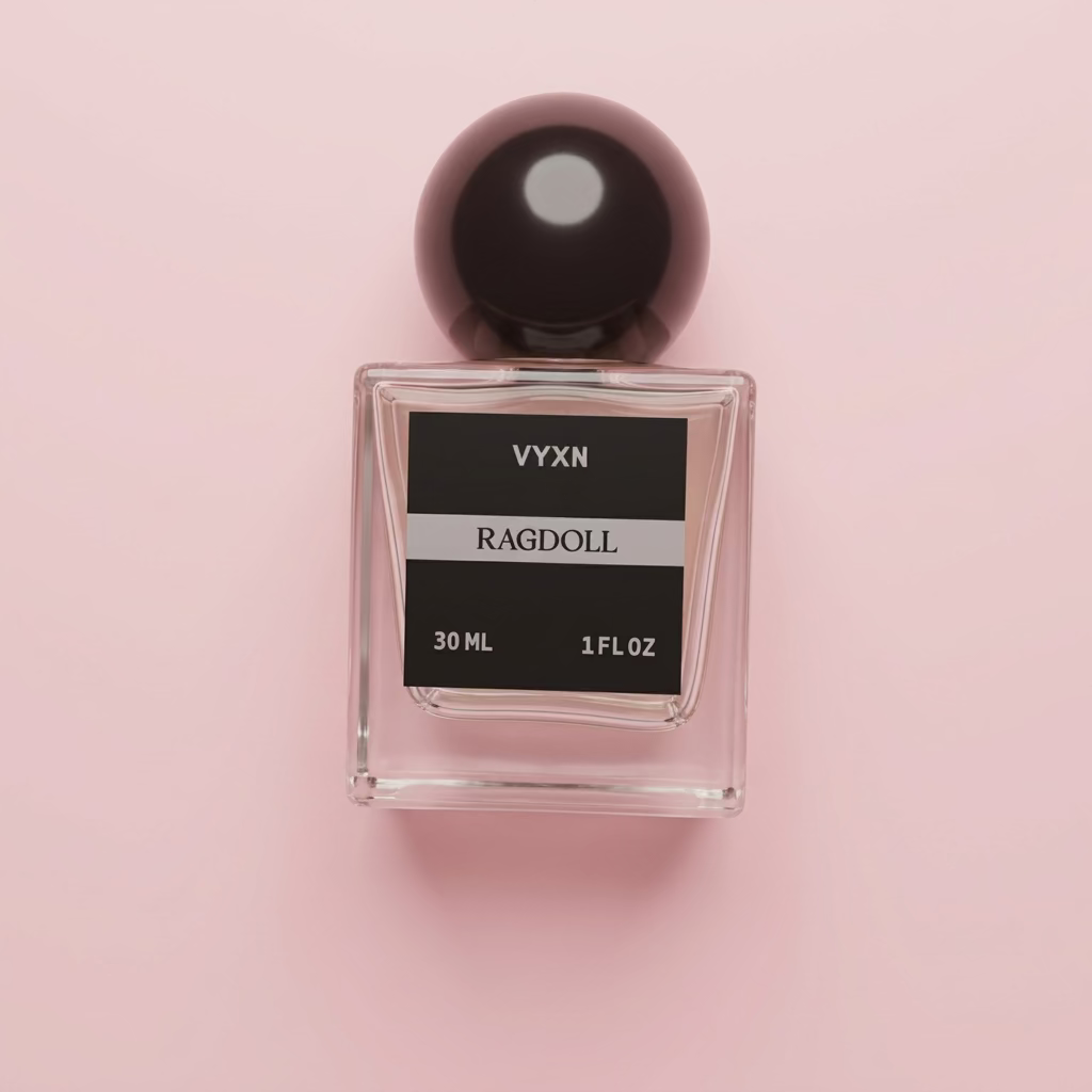 Perfume bottle labeled VYXN Ragdoll 30 ml 1 fl.oz. background white silk. label is back and silver