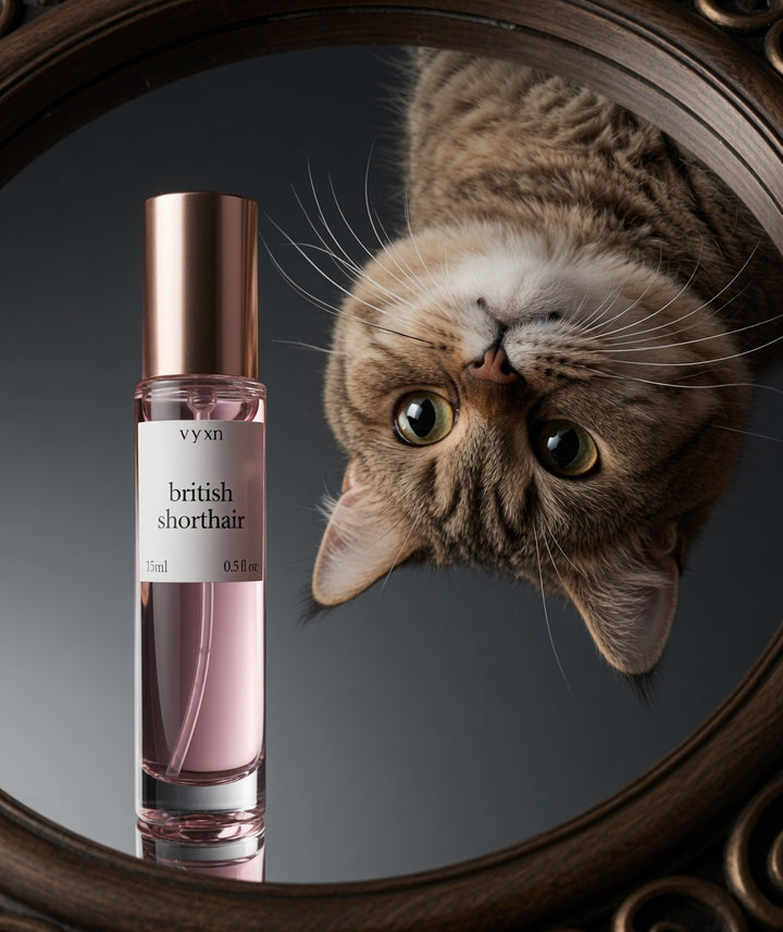 Cat looking into a mirror with a bottle of Vyn perfume labeled 'British Shorthair' on a dark background