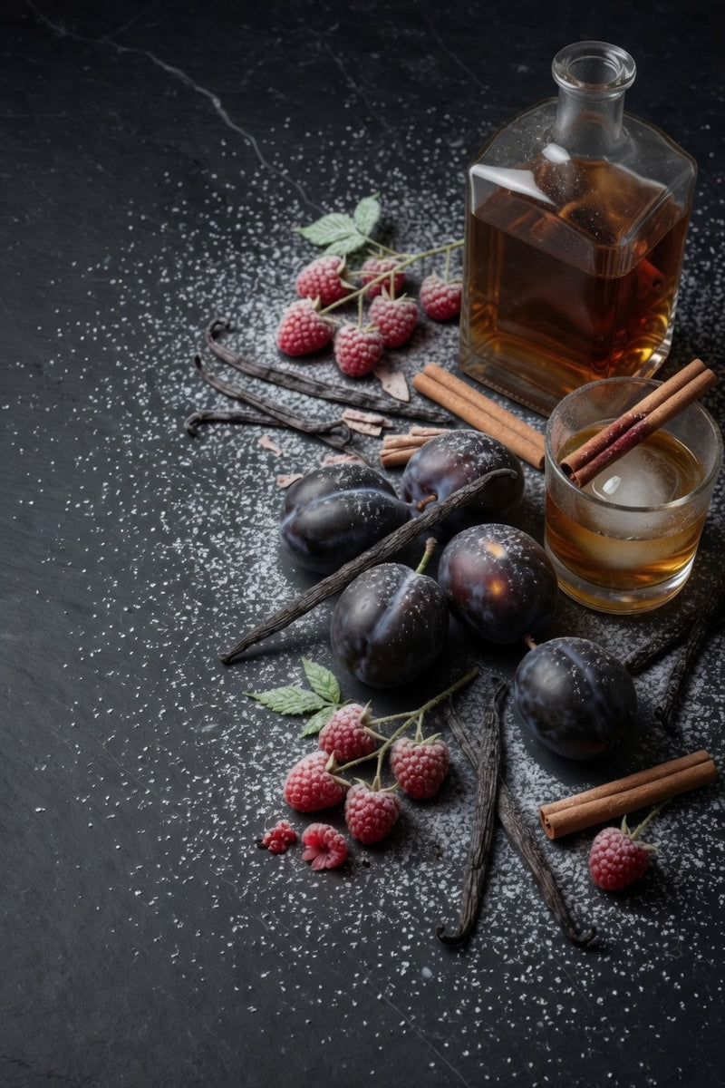 whiskey, plums, raspberries, cinnamon, vanilla pods, whiskey glass, cinnamon in whiskey glass with black slate background and dusted snow. 