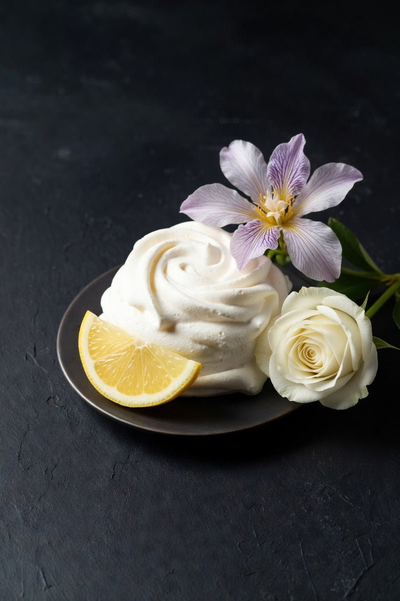 White meringue dessert with a lemon wedge and flowers on a dark background